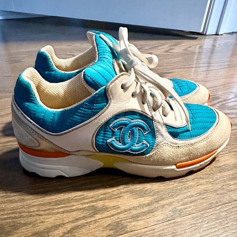 CHANEL Turquoise and Beige Trainer Sneakers